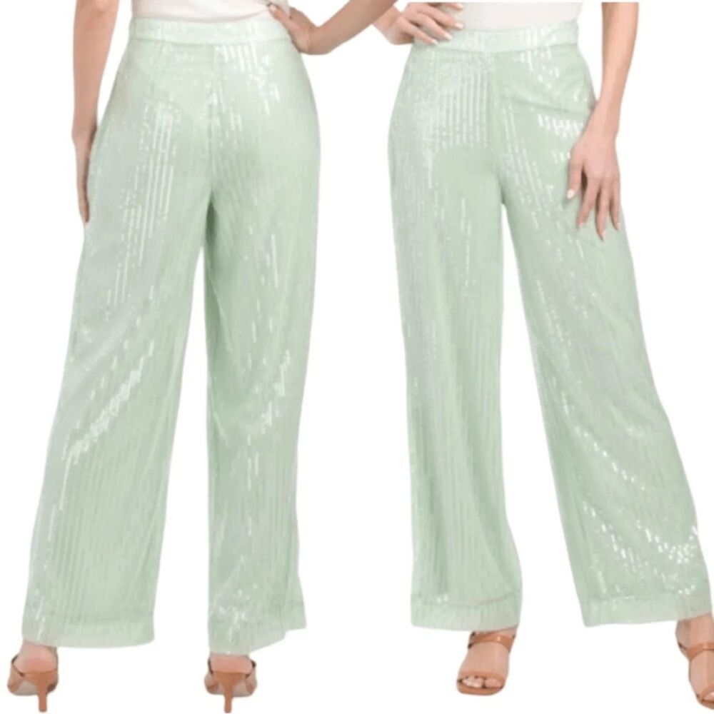 House of Harlow 1960 Sequin Wide Leg Trousers - Pistachio Sage Green - Size 6